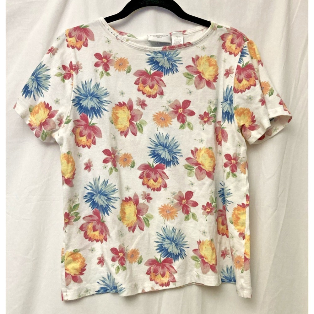 Liz Claiborne Lizwear Jeans Women's Petite White Short Sleeve Floral Top - SZ PL